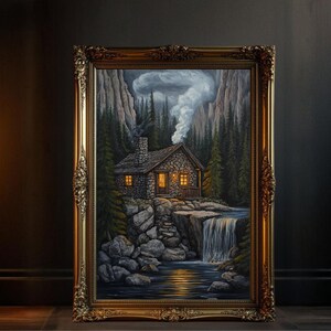 Rustic cabin wall art, waterfall painting, cozy cabin decor, nature landscape art, forest cabin print, serene wall art, mountains art