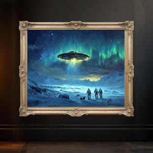 Sci fi wall art spaceship painting, Northern lights alien landscape print, Outer space explorers digital art, Futuristic home decor