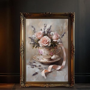 Elegant Floral Teacup Wall Art, Vintage Oil Painting, Shabby Chic Rose Decor, Romantic Flower Artwork, Cottagecore Home Decor