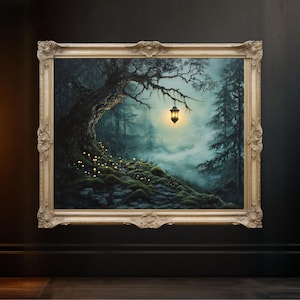 Enchanted Forest Lantern Wall Art, Mystical Woods Canvas Print, Magical Night Scene Art, Dark Forest Decor, Illuminated Lantern Art