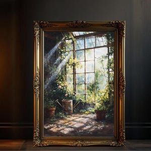 Dark Academia Art Printable, Sunlit Garden Scene Home Decor, Botanical Wall Art, Rustic Greenhouse Painting, Cozy Indoor Garden Print