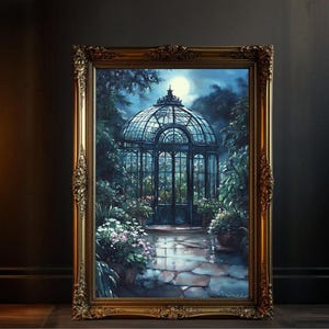 Enchanting Moonlit Garden Wall Art, Whimsical Garden Under Moonlight, Serene Botanical Glasshouse, Mystical Nature Wall Decor