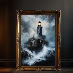Lighthouse in Stormy Sea Wall Art, Nautical Lighthouse Print, Ocean Waves Canvas, Moody Coastal Decor, Maritime Painting