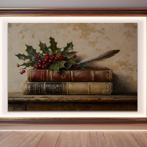 Vintage Holly and Books Wall Art | Rustic Christmas Printable Decor | Cozy Holiday Scene with Feather and Red Berries Charm