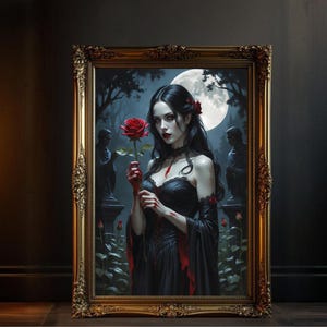 Gothic Vampire Wall Art, Dark Fantasy Blood Rose Print, Full Moon Gothic Art, Vampire Queen Portrait, Macabre Gothic Wall Art