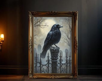 Raven on Cemetery Fence ,Dark Academia Art Printable, Gothic Wall Art Crow Moonlight ,Home Decor Dark Art Poster Halloween Decor