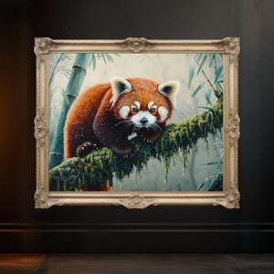 Red Panda on Mossy Branch Wall Art Print, Nature Wildlife Animal Poster, Bamboo Forest Decor, Cute Red Panda Photography, Unframed Art
