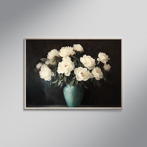 Elegant Floral Art, White Peonies Painting, Modern Wall Decor, Botanical Print, Art for Living Room, Flower Vase Art Print