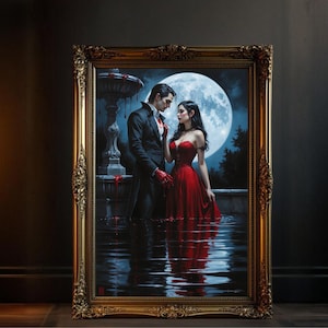 Gothic Vampire Romance Wall Art, Moonlit Lovers Poster, Dark Fantasy Decor, Couple in Love Print, Vampires Art Piece, Goth Home Decor