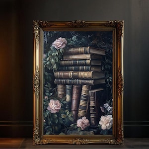Vintage Book Stack Floral Wall Art, Dark Academia Art Printable, Antique Library Decor, Aesthetic Books Art Print, Literary Home Decor