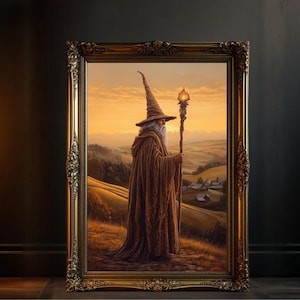 Enigmatic Wizard Wall Art, Magical Sunset Home Decor, Fantasy Landscape Art Print, Mystical Sorcerer Poster, Enchanting Wizard Painting