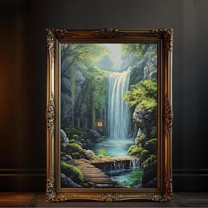 Mystical Waterfall Forest Landscape Wall Art, Enchanting Nature Canvas Print, Tranquil Waterfall Wall Painting