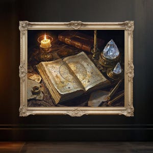 Impression d'art vintage carte, livre ancien, décoration nostalgique aux chandelles, affiche en cristal et boussole, art mural bibliothèque rustique