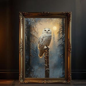 Snowy Owl Wall Art Print, Winter Forest Owl Poster, Bird of Prey Home Decor, Nocturnal Wildlife Art, Moonlit Night Scene Painting