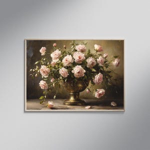 Vintage Flower Vase Painting, Pink Roses Wall Art, Elegant Floral Canvas Print, Shabby Chic Home Decor, Romantic Art Piece, Large Artwork