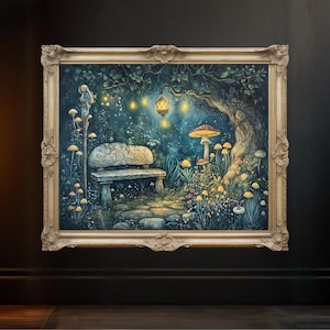 Enchanted Forest Magic Bench Wall Art, Mystical Garden Scene Art Print, Fairy Tale Fantasy Home Decor, Whimsical Nature Artwork