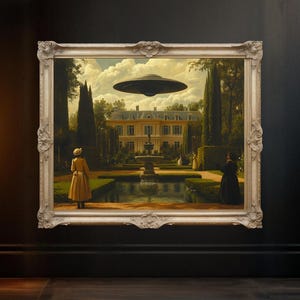 UFO in Victorian Garden, Surreal Wall Art Print, Futuristic Landscape Decor, Alien Encounter Artwork, Unique Home Decoration