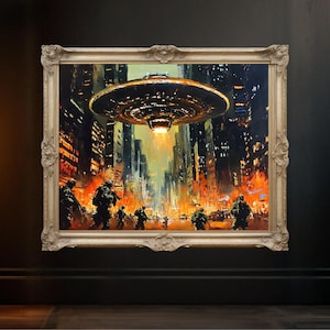UFO Invasion Wall Art, Alien Spaceship Poster, Sci-Fi Art Print, Modern Home Decor, City Scene Wall Art, Futuristic Artwork, Unique Gift