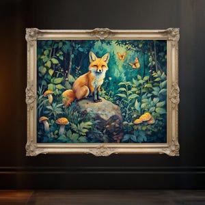 Woodland Fox and Butterflies Wall Art, Mystical Forest Animal Decor, Nature Inspired Wildlife Painting, Botanical Wall Print