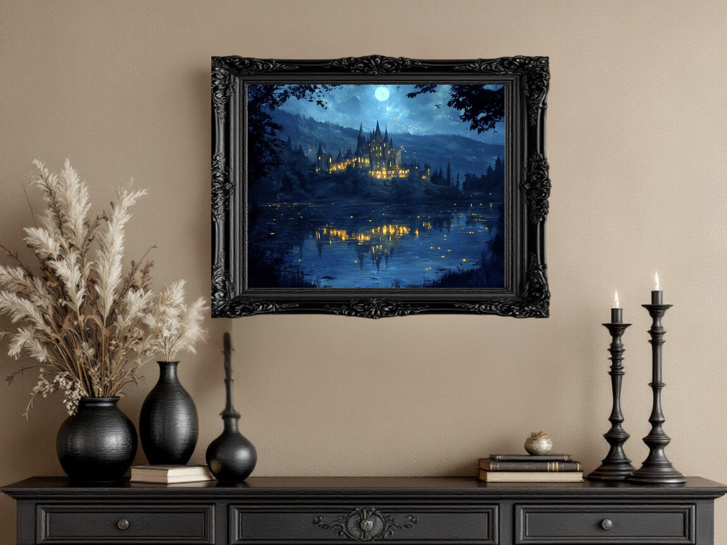 Enchanted Castle by Moonlit Lake Art Print, Magical Landscape Wall Art ...