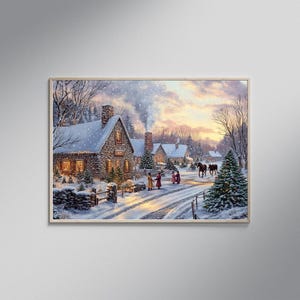 Christmas Winter Village Scene, Snowy Cottage Landscape Art, Holiday Wall Art Print, Festive Home Décor, Christmas Artwork