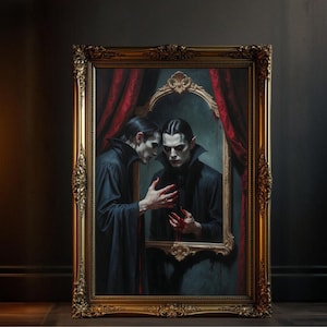 Gothic Vampire Mirror Canvas Wall Art, Creepy Horror Home Decor, Dark Fantasy Vampire Print, Halloween Spooky Wall Art