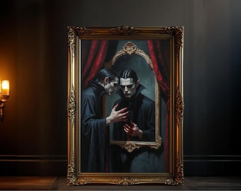 Gothic Vampire Mirror Canvas Wall Art, Creepy Horror Home Decor, Dark Fantasy Vampire Print, Halloween Spooky Wall Art