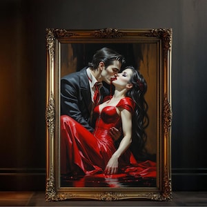 Gothic Vampire Lovers Wall Art, Romantic Vampire Kiss Print, Dark Fantasy Art Poster, Gothic Bedroom Decor, Vampire Love Artwork
