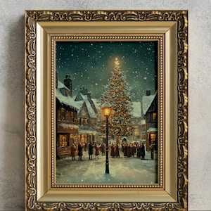 Rustic Christmas Village Scene | Snowy Holiday Printable Art | Festive Wall Decor with Christmas Tree and Warm Winter Charm