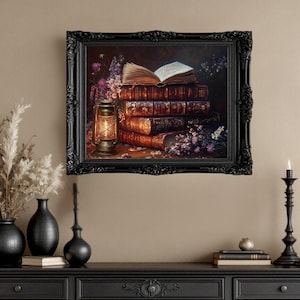 Vintage Books and Lantern Wall Art, Antique Books Painting, Classic Literature Decor, Rustic Reading Room Art, Literary Home Decor