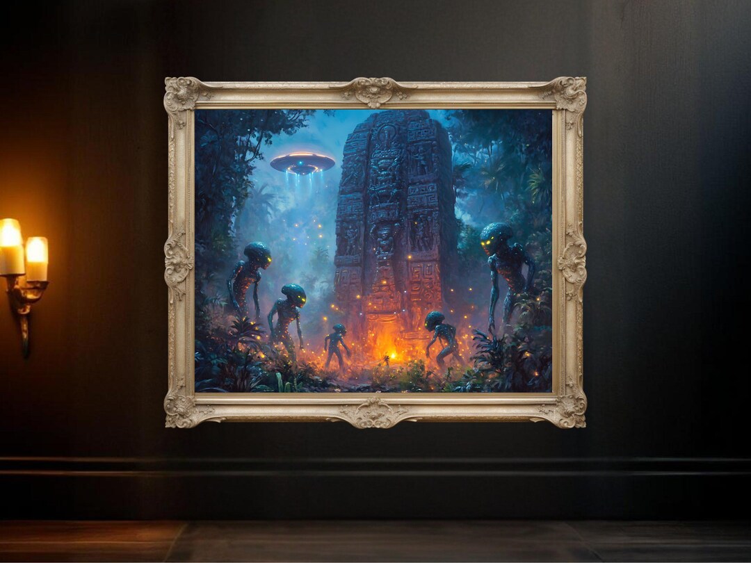 Sci Fi Alien Encounter Wall Art Mysterious Jungle Ancient Ruins UFO ...