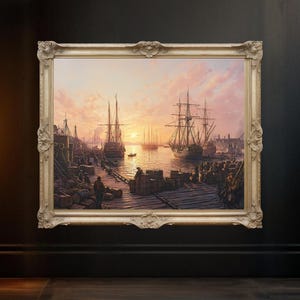 Vintage Port Harbor Ship Scene, Nautical Wall Art, Sunrise Harbor Painting, Antique Maritime Decor, Historical Port Art Print