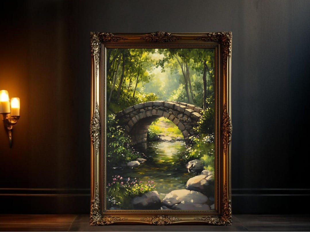 Nature Landscape Wall Art, Stone Bridge Over Stream Painting, Tranquil ...