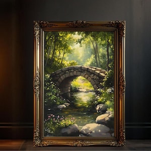 Naturlandschaft Wandkunst, Steinbrücke über den Fluss Gemälde, ruhige Waldlandschaft, Grün und Wasser Kunstwerk, ruhige Wohnkultur