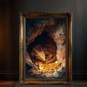 Dragon Art Print, Fantasy Wall Art, Golden Treasure Dragon Poster, Mythical Creature Wall Decor, Dragon Cave Art, Unique Home Decor