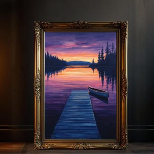 Sunset Lake View Wall Art, Scenic Landscape Painting, Wooden Dock Art Print, Peaceful Nature Lake Artwork, Canoe on Water Decor
