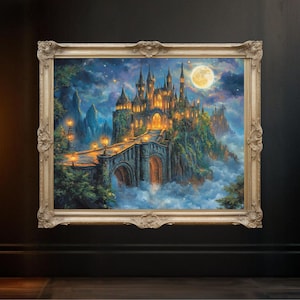 Enchanted castle wall art, Fantasy landscape poster, Magical castle at night, Fairytale decor, Dreamy castle print