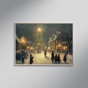 Christmas Town Square Artwork, Winter Wonderland Wall Art Print, Holiday Season Home Decor, Village Scene Canvas