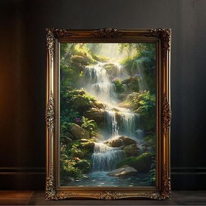 Serene Waterfall Wall Art, Nature Landscape Poster, Peaceful Forest Decor, Mountain Stream Picture, Calming Greenery Print