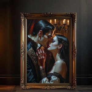 Vampire lovers kiss gothic art print, Dark fantasy couple wall art, Romantic horror decor, Vampire love story canvas poster