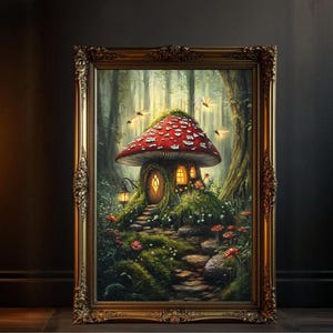 Enchanted Forest Mushroom House Wall Art, Whimsical Fantasy Home Decor, Woodland Fairy Tale Scene, Vintage Oil Painting