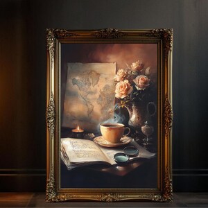 Pintura al óleo vintage, arte mural con mapa del mundo, naturaleza muerta floral, decoración de taza de café, impresión artística inspirada en viajes, decoración de oficina en casa
