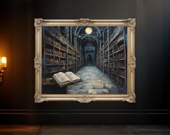Enchanted Library Wall Art, Vintage Bookshelf Painting, Magical Literary Decor, Dark Academia Aesthetic, Gothic Home Decor