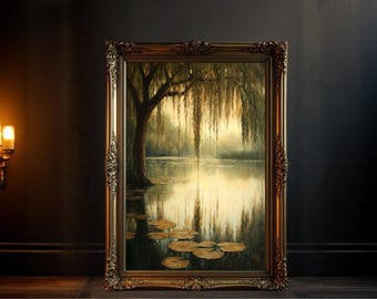 Serene Waterfront Willow Tree Reflection Wall Art, Tranquil Nature Landscape Painting, Peaceful Water Lilies Art Print, Calm Lake Scene