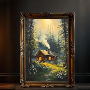 Rustic Cabin Wall Art, Cozy Woodland Retreat Print, Cabin in the Forest Poster, Nature Landscape Art, Perfect Gift for Nature Lovers