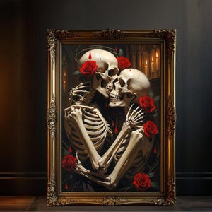 Gothic Skeleton Lovers Wall Art, Romantic Dark Decor, Skeletons with Roses Artwork, Unique Gothic Home Decor, Halloween Skeleton Poster