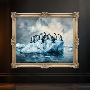 Penguin Family on Iceberg Painting, Ocean Wall Art, Nature Animal Print, Wildlife Artwork Home Decor, Antarctic Scene Canvas