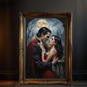 Gothic vampire couple wall art, romantic horror scene, fantasy lovers embrace, full moon night, dark romance decor, Halloween gift