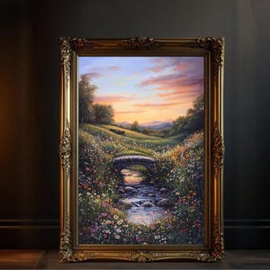 Schöne Landschaftsmalerei Wandkunst, Naturszene mit Blumen und Brücke, Sonnenuntergang Kunstdruck für Wohnkultur, Serene Wiese Kunstwerk