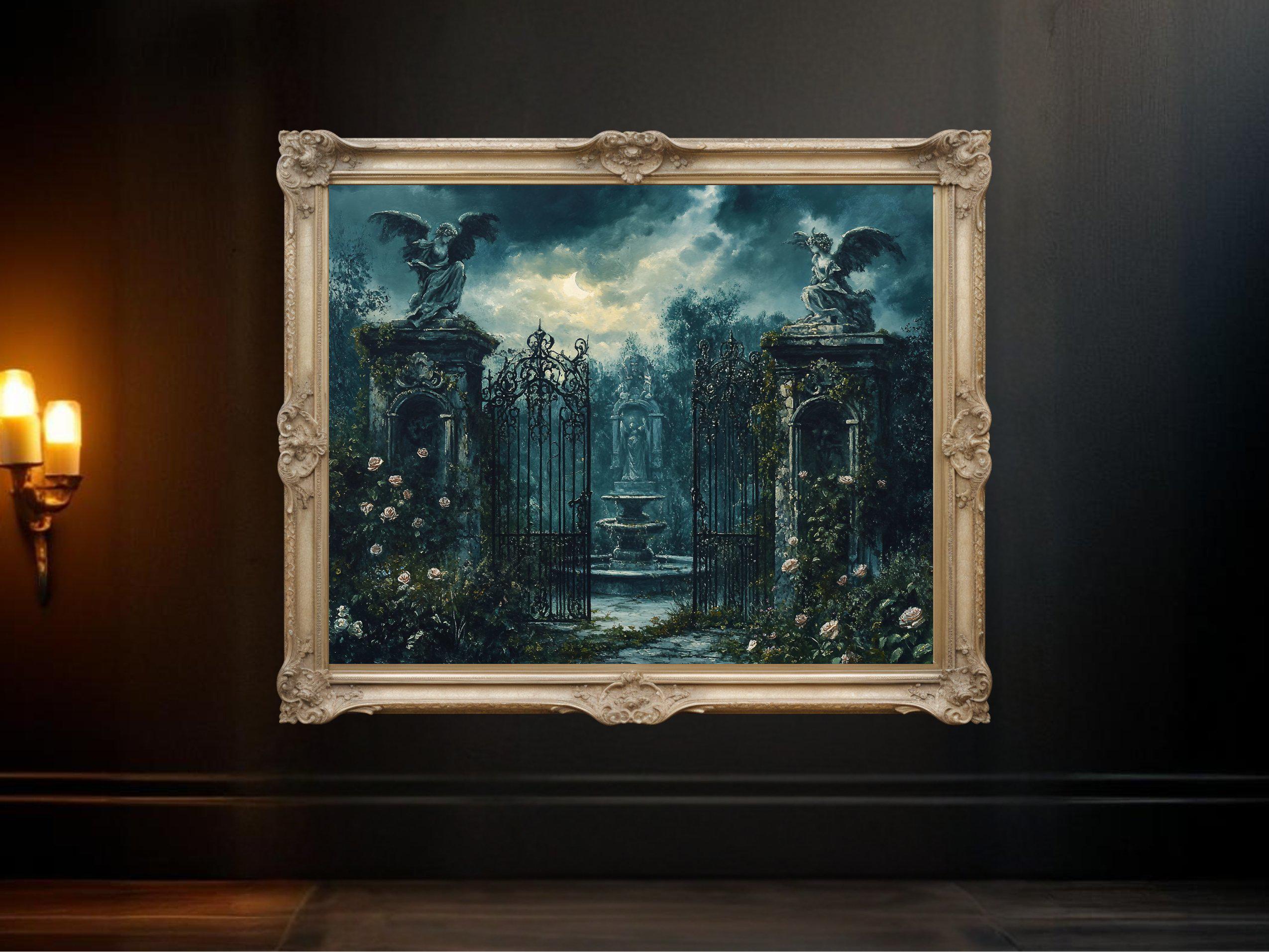 Enchanted garden gate wall art, angel statue night scene print, gothic mystical decor, moonlit garden painting, fantasy wall decor
